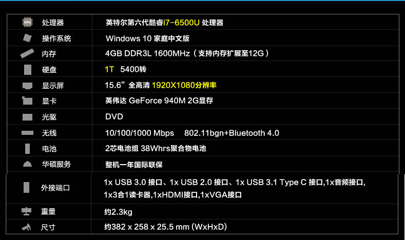 华硕fl5900u6500(i7-6500u/8gb/1tb/2g独显)活动促销价4650